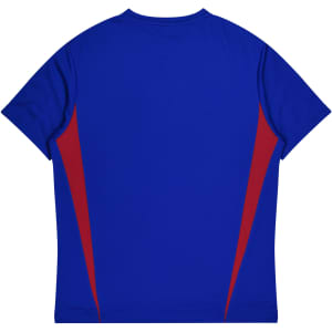 A blue men's t-shirt with red side accents and a logo. The back view is displayed.