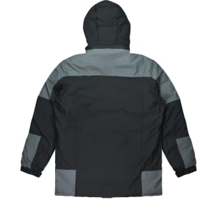 A jacket featuring a dark green and grey colour scheme, with a hood and elastic cuffs. It has a logo on it.