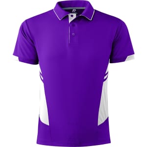 A purple polo shirt with white side panels and a collar. It features a logo on the chest.