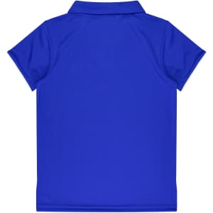 A blue polo shirt featuring a collar and short sleeves, displaying a plain back design. It includes a logo.