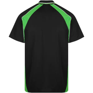 A polo shirt featuring a black body with vibrant green accents, showcasing a logo on the back.