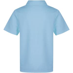 A light blue children's polo shirt with a collar, featuring a logo on the back.