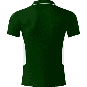 A dark green polo shirt with white accents and a logo on the chest. The back view is prominently displayed.