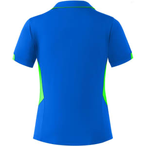 A blue polo shirt featuring green accents and a collar, showcasing a sleek and sporty design.