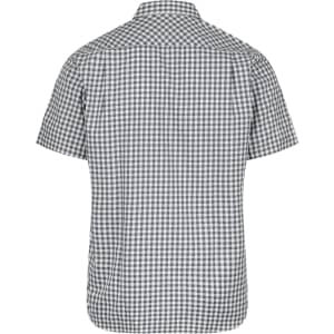 A short-sleeve button-up shirt in grey and white checkered pattern with a collar and no visible branding.