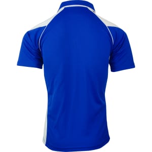 A blue polo shirt with white accents, featuring a collar and short sleeves, displayed from the back.