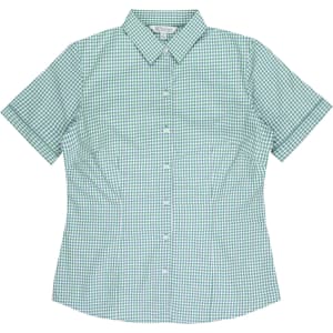A short-sleeve button-up shirt in green and white gingham pattern, featuring a collar and a fitted design.