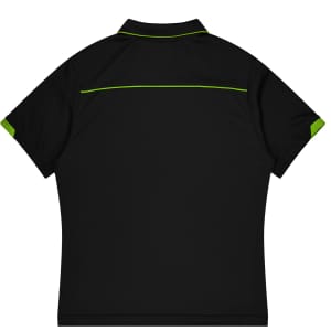 A black sports polo shirt featuring green accents and a logo on the collar.