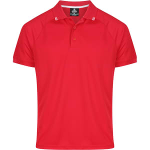A vibrant red men's polo shirt featuring two white stripes on the collar and a logo.
