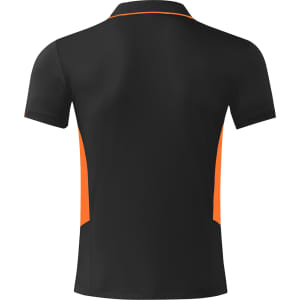 A black polo shirt with orange side panels, featuring a collar and short sleeves, and a visible brand logo.