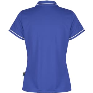 A blue polo shirt with a collar and contrasting trim, featuring a branding logo. Back view displayed.