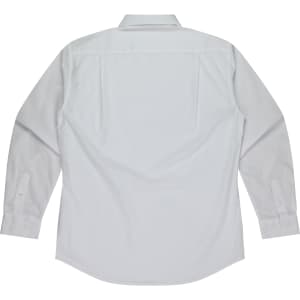 A white long-sleeve button-up shirt with a plain back and cuffed sleeves, featuring a logo.