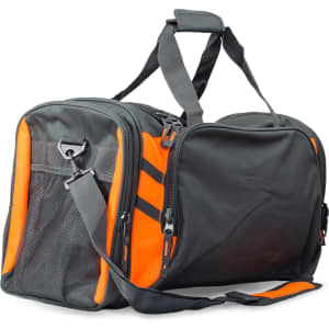 A duffle bag in grey with orange accents, featuring a mesh pocket and adjustable shoulder strap. It includes a logo.