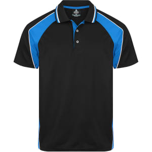 A black polo shirt with blue and white accents, featuring a collar and buttons, and a logo on the front.