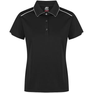 A black polo shirt with a collared neckline, featuring contrasting edging and a logo.