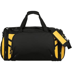 A black and yellow duffle bag with dual handles and a shoulder strap, featuring a logo.
