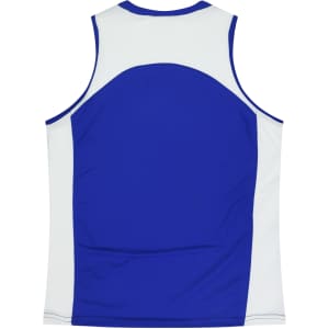 A blue and white singlet with a round neck and a logo on the back.