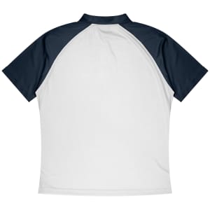 A polo shirt with a white body and navy blue sleeves, featuring a logo on the chest.