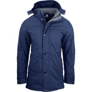 A navy men's jacket with a hood, featuring a grey-lined interior and front buttons, displaying a logo.