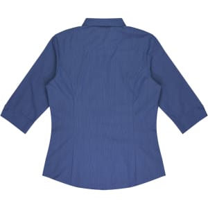 A blue button-up shirt with 3/4 sleeves, featuring a fitted design and a collar. Includes a logo.