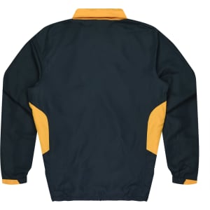A dark green tracktop with yellow accents and a collar, featuring a logo on the back.