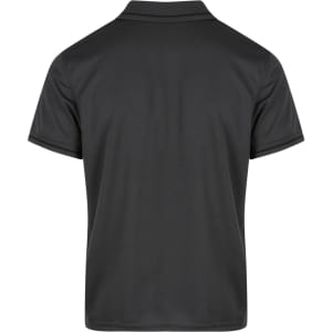 A black polo shirt with a classic collar and short sleeves, featuring a logo on the chest.