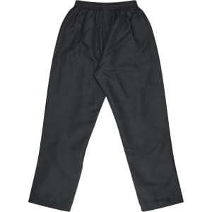 Black track pants with an elasticated waistband, featuring a loose fit and a smooth finish. Includes a branding logo.