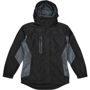 A black and grey jacket featuring a hood, zippered pocket, and a logo on the front.