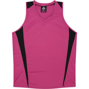 A pink singlet with black accents and a v-neck design, featuring a logo.
