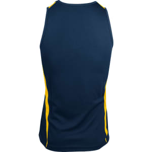 A navy singlet with yellow side detailing and a logo on the back.