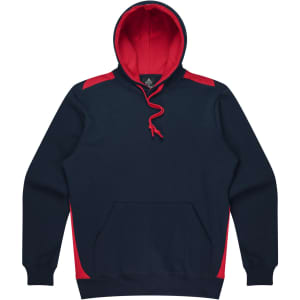 A navy blue hoodie with red accents and a front pocket, featuring a hood and drawstring, with a logo.