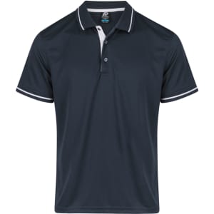 A dark navy polo shirt with white accents, featuring a collar and a logo on the upper part.
