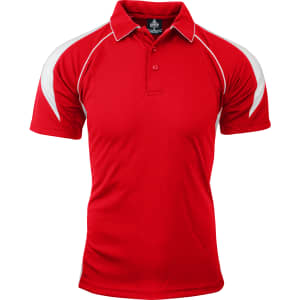 A red polo shirt with white accents and a logo on the collar.