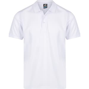 A white polo shirt featuring a collar and short sleeves, with a small logo on the chest area.