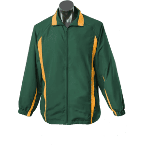 A green track jacket with yellow stripes, featuring a front zip and a collar. It has a logo on the chest area.