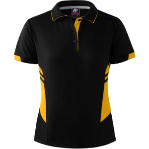 A black and yellow polo shirt featuring a collar, buttons, and a branding logo.