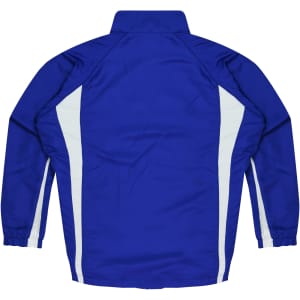 A blue tracktop featuring white side panels and a high collar, designed for kids. It has a branded logo.