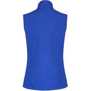 A blue women's vest featuring a high collar and a fitted design, with a branding logo on the back.