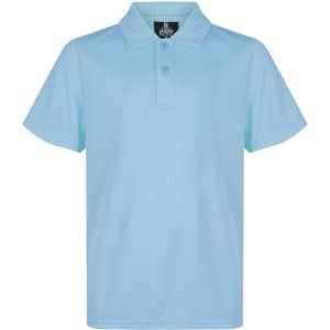 A light blue polo shirt featuring a collar and a button placket, with a logo on the upper side.