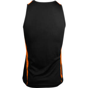 A black singlet featuring orange side panels and a logo. Suitable for sports or casual wear.