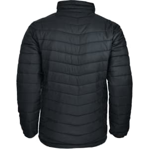 A black puffer jacket with a quilted design, featuring a high collar and no visible branding on the back.