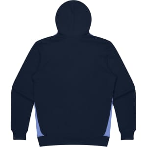 A navy hoodie with contrasting light blue side panels and a hood, featuring a logo on the front.