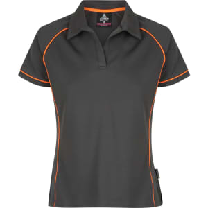 A women's polo shirt in dark grey with orange piping and a logo. Short sleeves and a collared neckline.