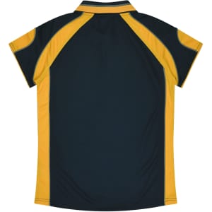 A dark green and yellow women's polo shirt with a sporty design and a logo on the back.