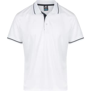 A white polo shirt with a contrasting navy collar and sleeve trim, featuring a logo on the chest.