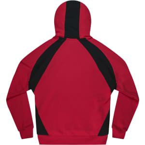 A red hoodie featuring black accents on the back. It has a hood and long sleeves.