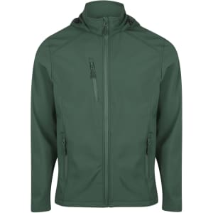 A green jacket with a full zipper and multiple pockets, featuring a hood and a branded logo.