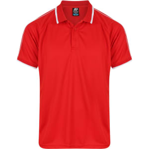 A red polo shirt with white stripes on the sleeves and a branding logo on the collar.