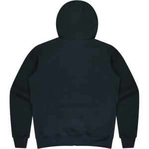A dark green hoodie featuring a hood and long sleeves, with a plain back design. It has a logo.