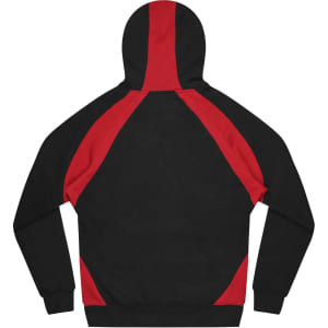 A black hoodie featuring red side panels and a hood, with a logo on the back.
